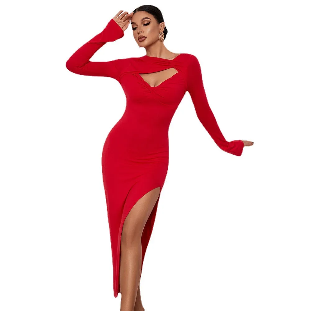 Long Sleeve High Slit Dress