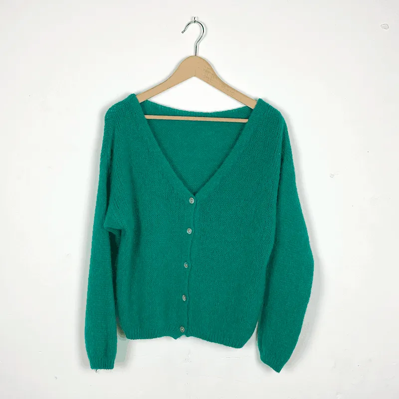 Long Sleeve V-neck Mohair Cardigan Jade