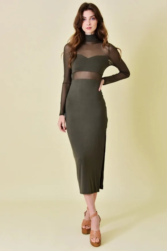 Mock Neck Mesh Cut Out Thigh Slit Ankle Dress Olive