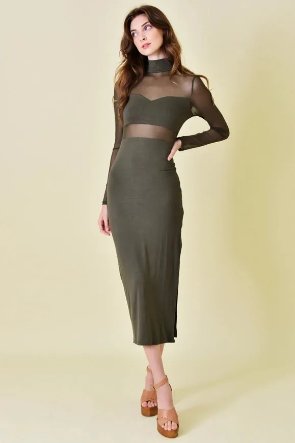 Mock Neck Mesh Cut Out Thigh Slit Ankle Dress Olive