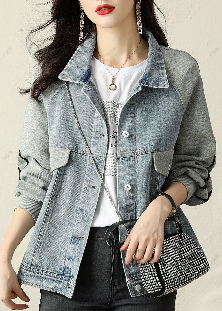 Modern Blue PeterPan Collar Button Patchwork denim Jacket Spring