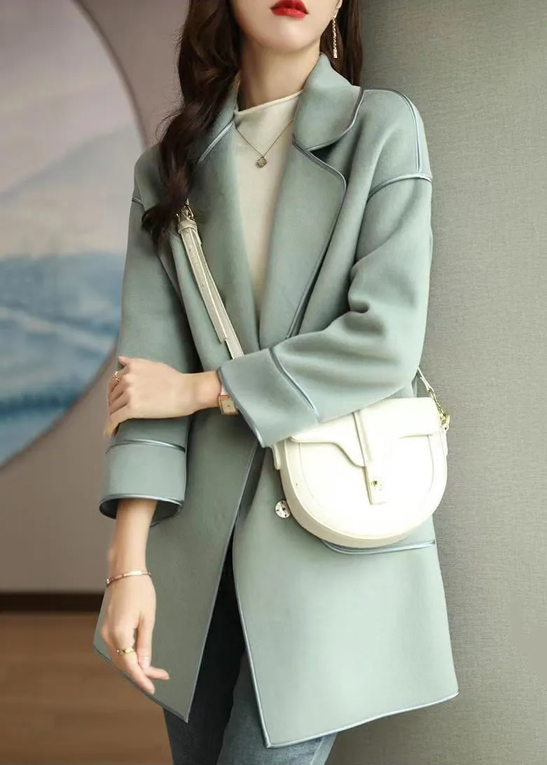 Modern Green Lapel Patchwork Pockets Woolen Coats Fall