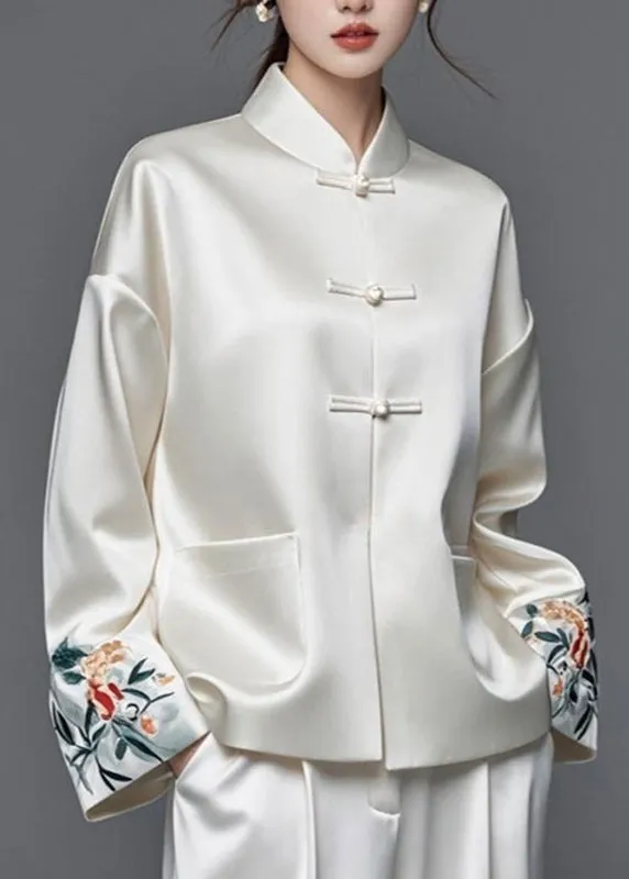 Modern White Embroidered Patchwork Silk Cotton Fall Coats AG1042