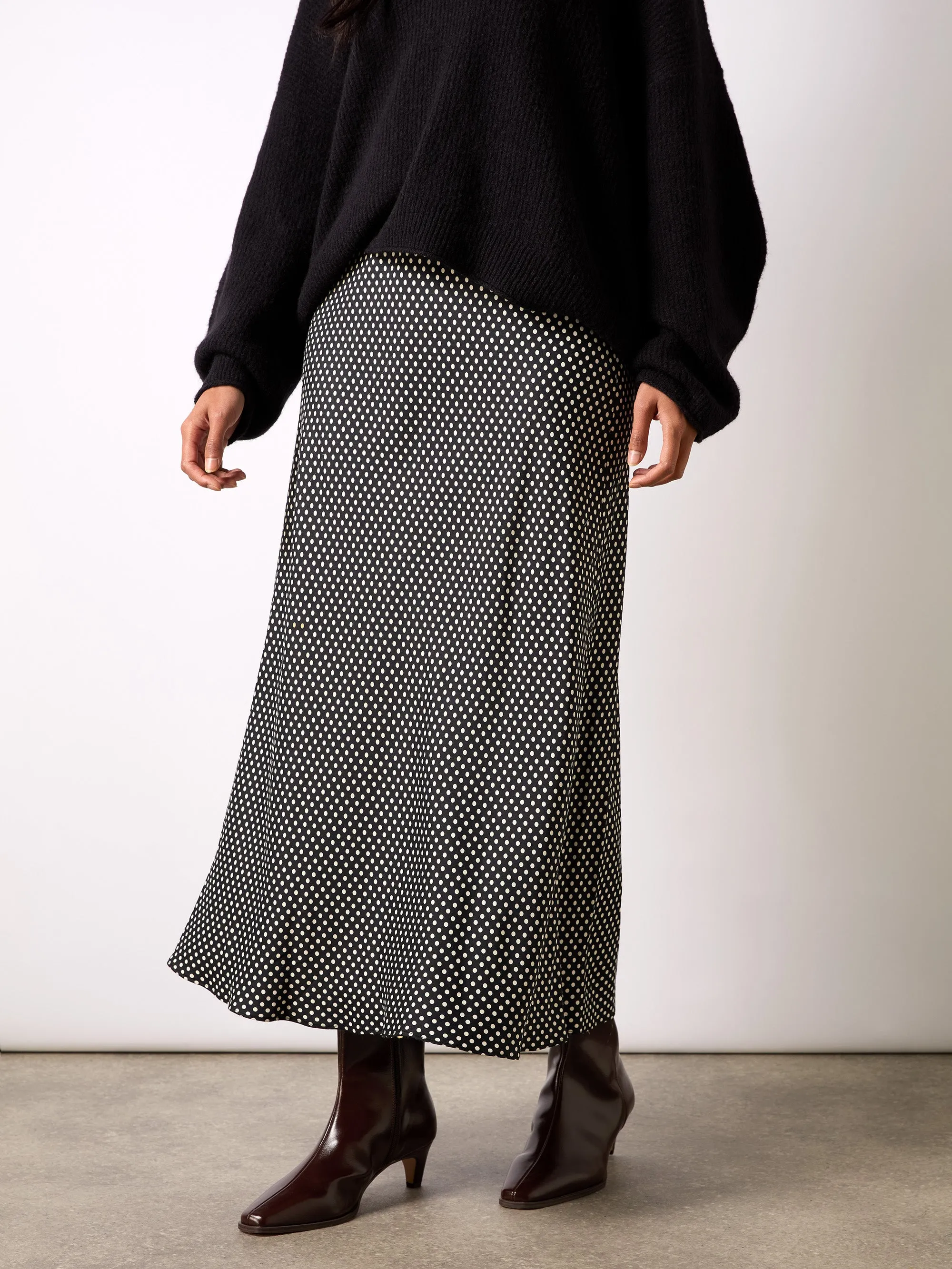 Mono Polka Dot Print Satin Skirt