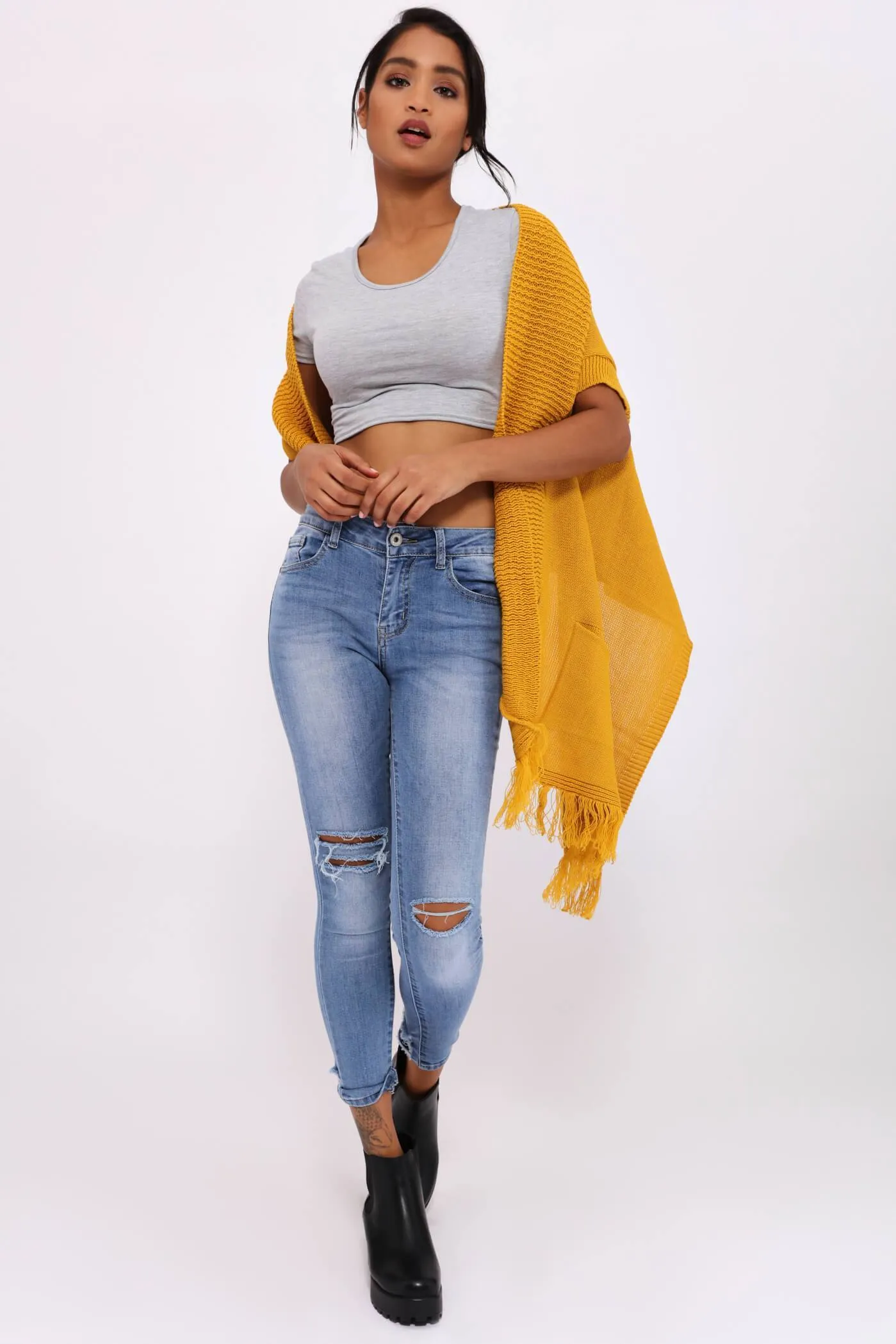 Mustard Fringe Knit Waistcoat Cardi