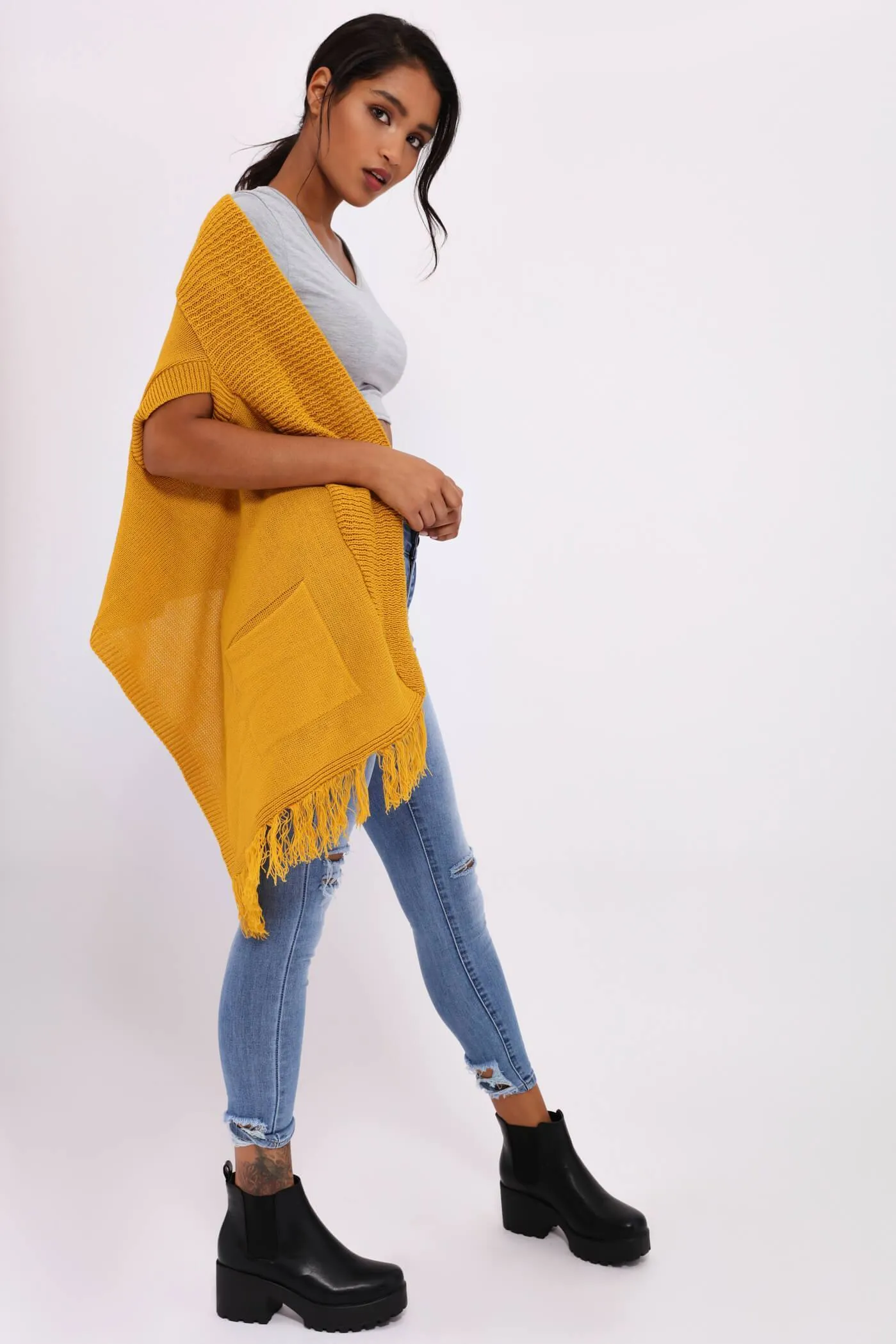 Mustard Fringe Knit Waistcoat Cardi