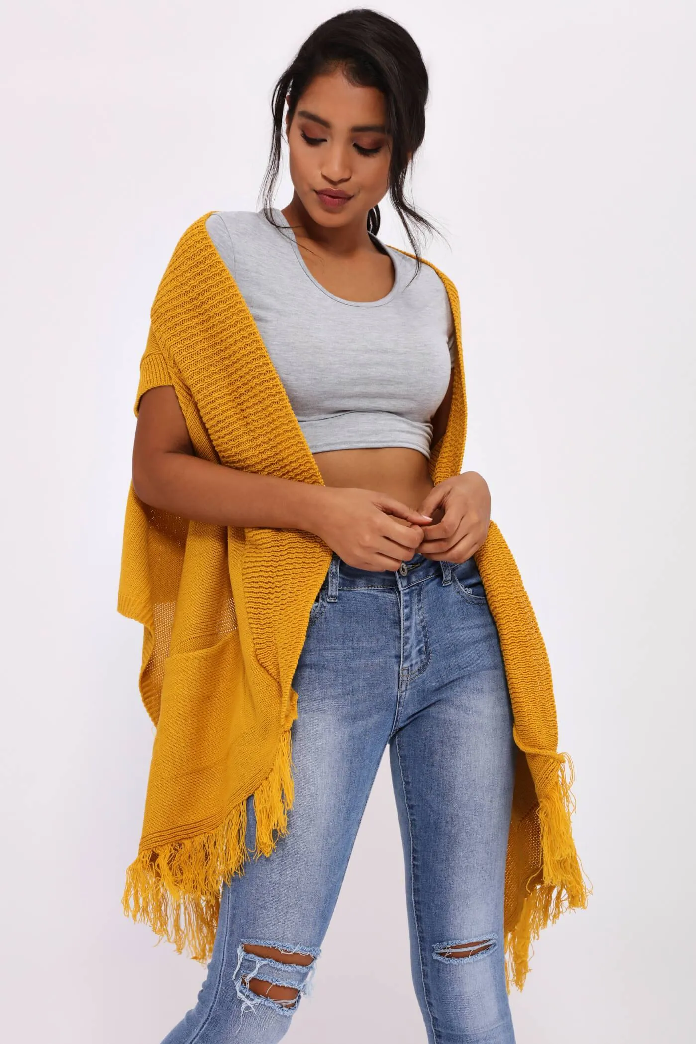 Mustard Fringe Knit Waistcoat Cardi