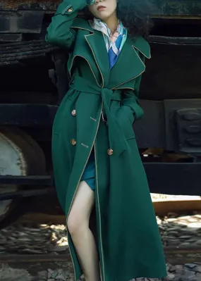 Natural Blackish Green Notched Patchwork Long Sashes Trench Coats Long Sleeve LY8345