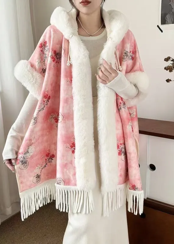 New Pink Hooded Tasseled Patchwork Warm Fleece Coats Half Sleeve RZ019