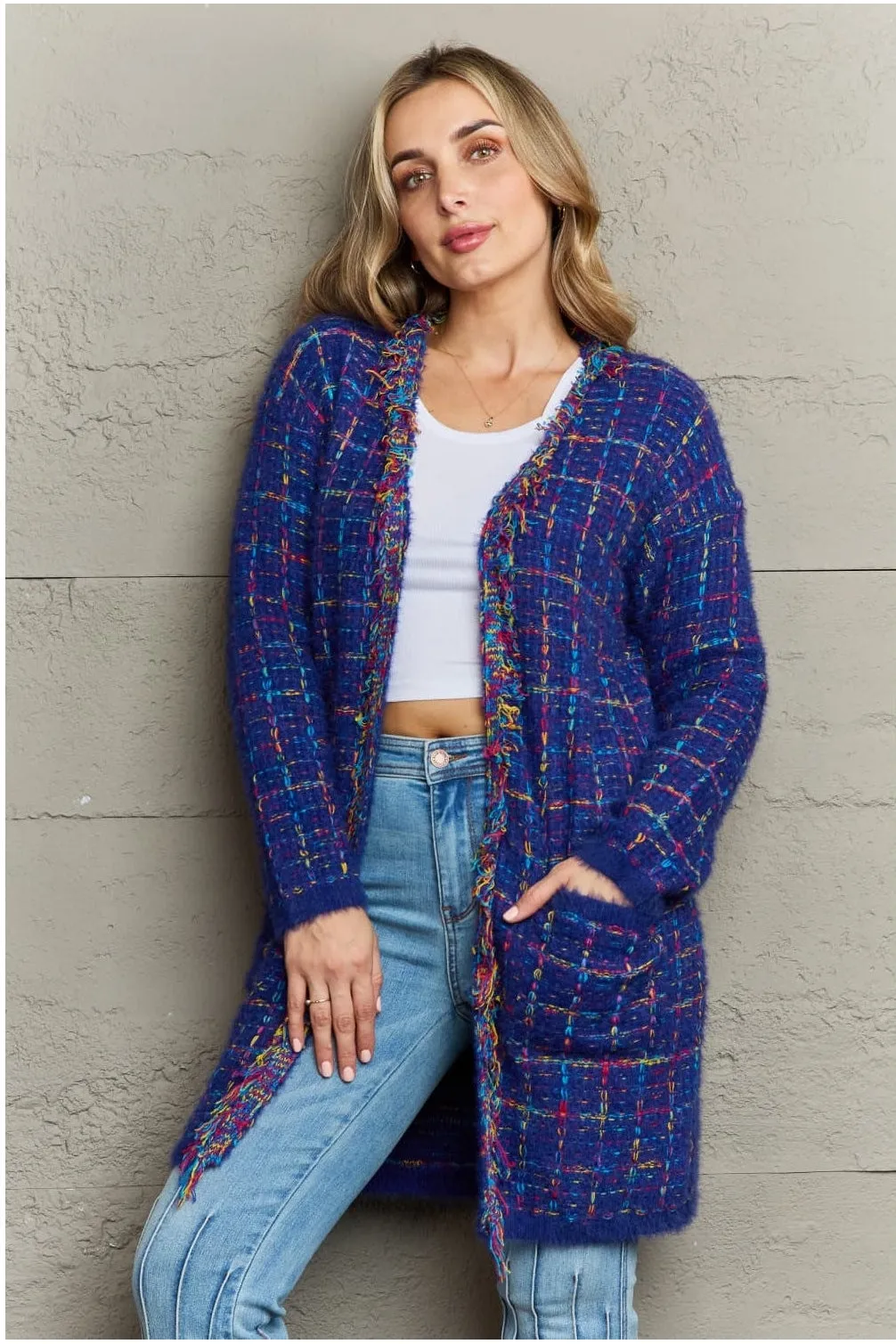 NicholesGifts Women Plaid Fringe Trim Open Front Longline Cardigan