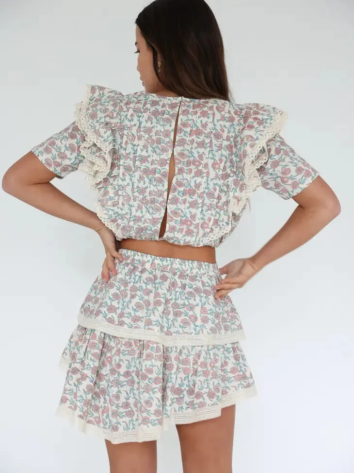 Nitu Mini Skirt | Rose Overall Handblock Print