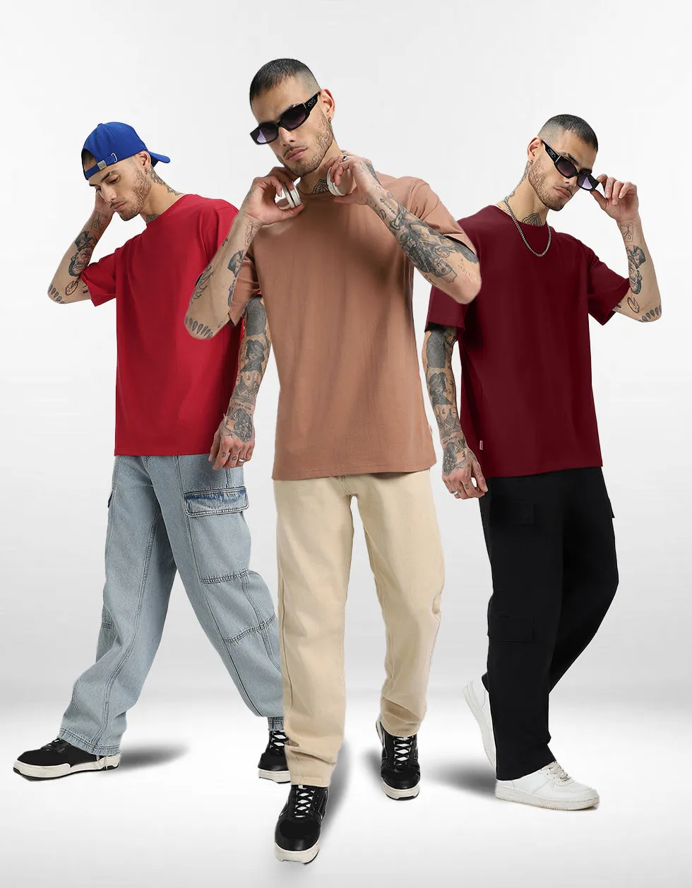 Pack of 3 Oversized Tees: Maroon & Red & Cork