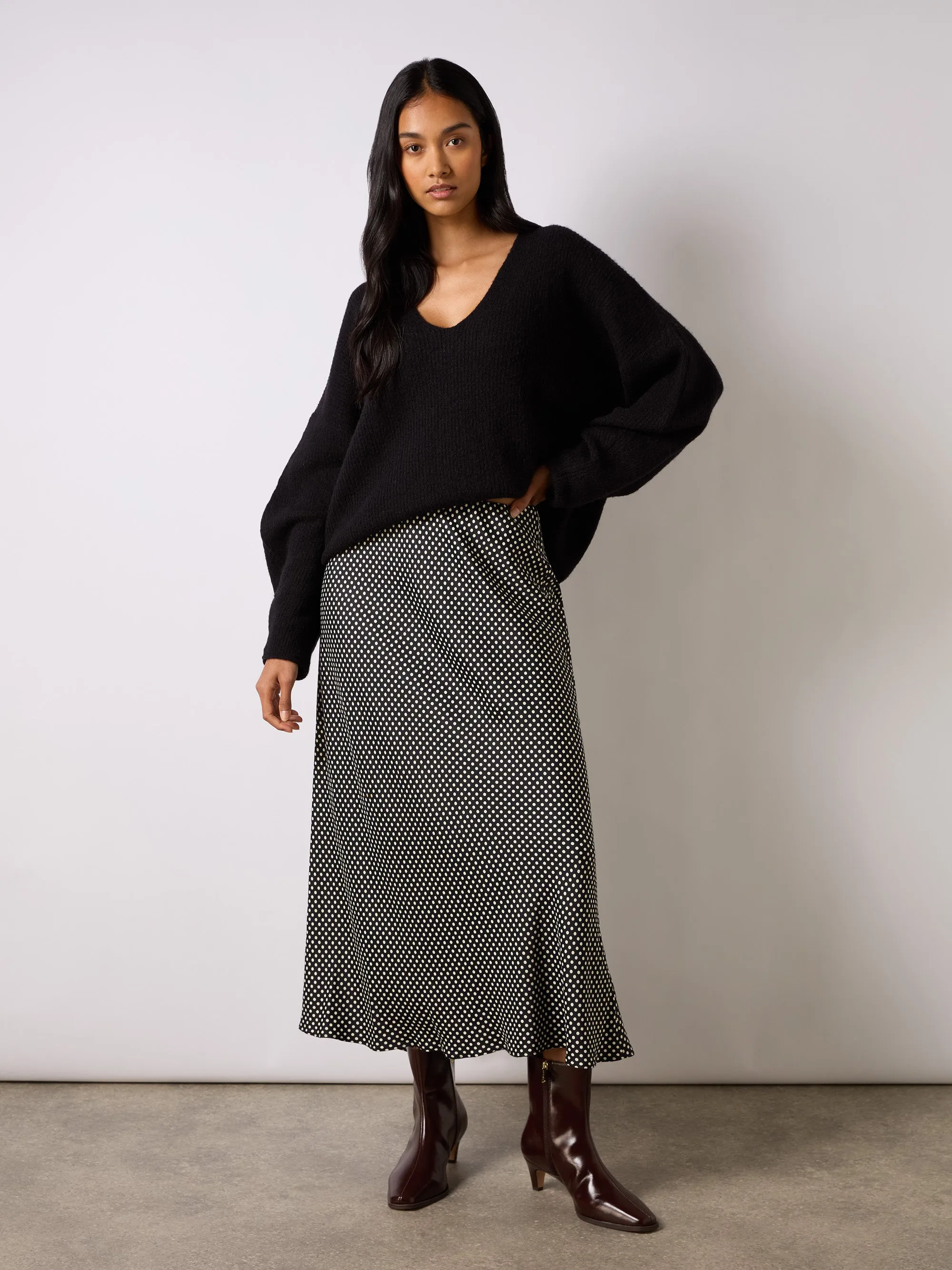 Petite Mono Polka Dot Print Satin Skirt