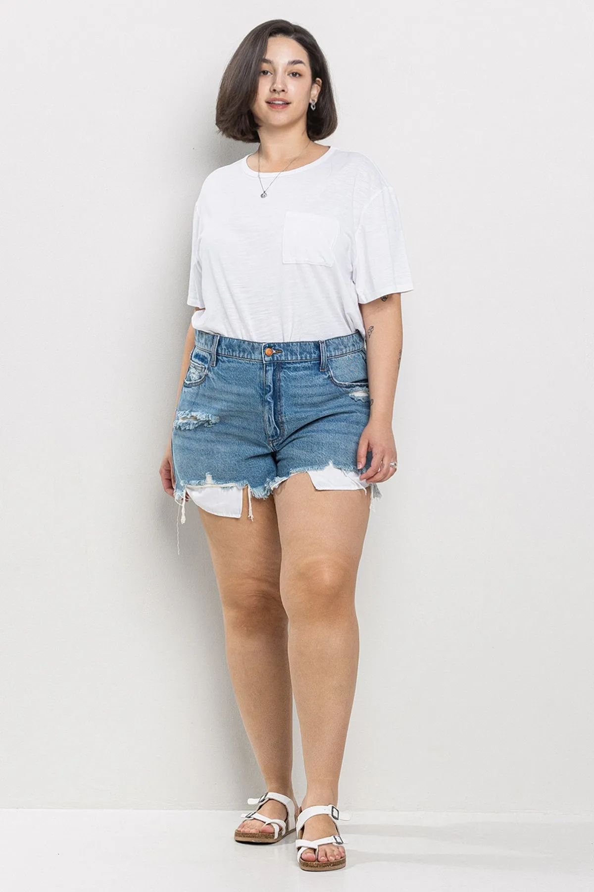 PLUS SIZE* HIGH RISE DISTRESSED SHORTS W/ FRAY HEM / SP-S7390-PL