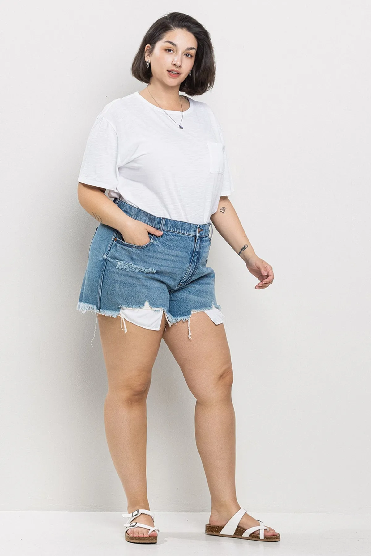 PLUS SIZE* HIGH RISE DISTRESSED SHORTS W/ FRAY HEM / SP-S7390-PL