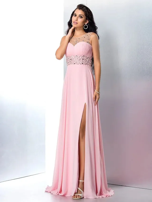 Prom Dresses Sparkle & Shine Dress Party Wear Sleeveless Jewel Neck Chiffon with Rhinestone Slit