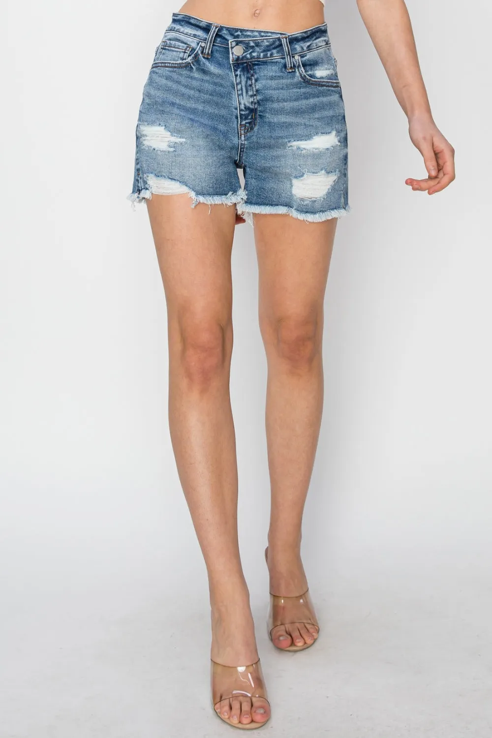 RISEN High Waist Stepped Waist Side Slit Frayed hem Denim Shorts