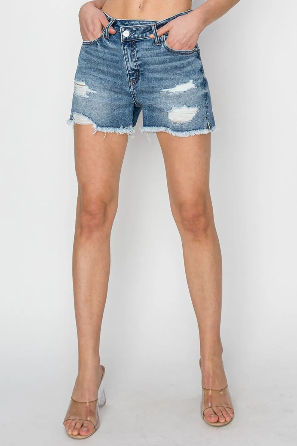 RISEN High Waist Stepped Waist Side Slit Frayed hem Denim Shorts