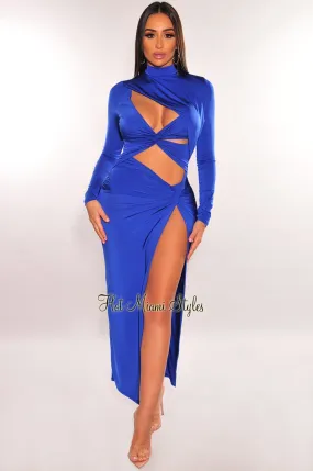 Royal Blue Mock Neck Cut Out Long Sleeve Knotted Slit Dress