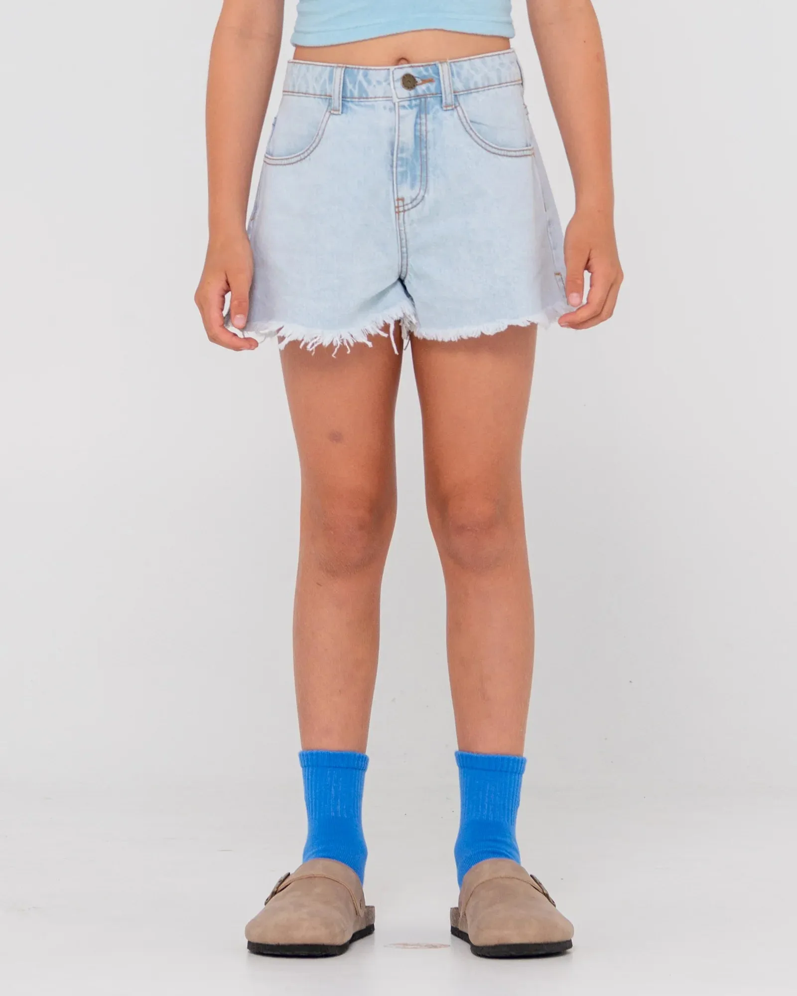 Rusty Penny Kick Flare Denim Short Girls - Sky Blue Heather