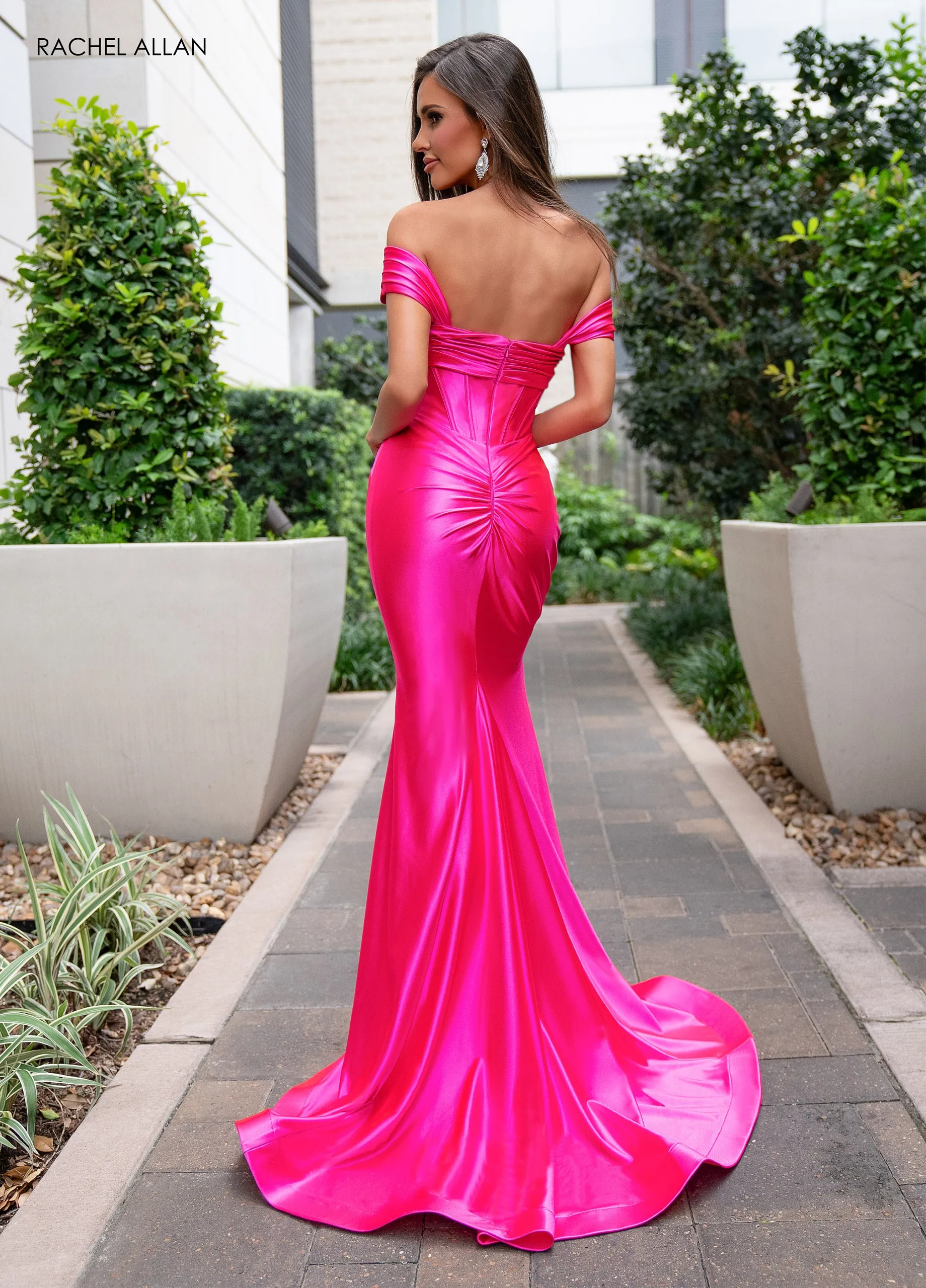 Satin Fitted Off Shoulder Slit Gown by Rachel Allan 70712