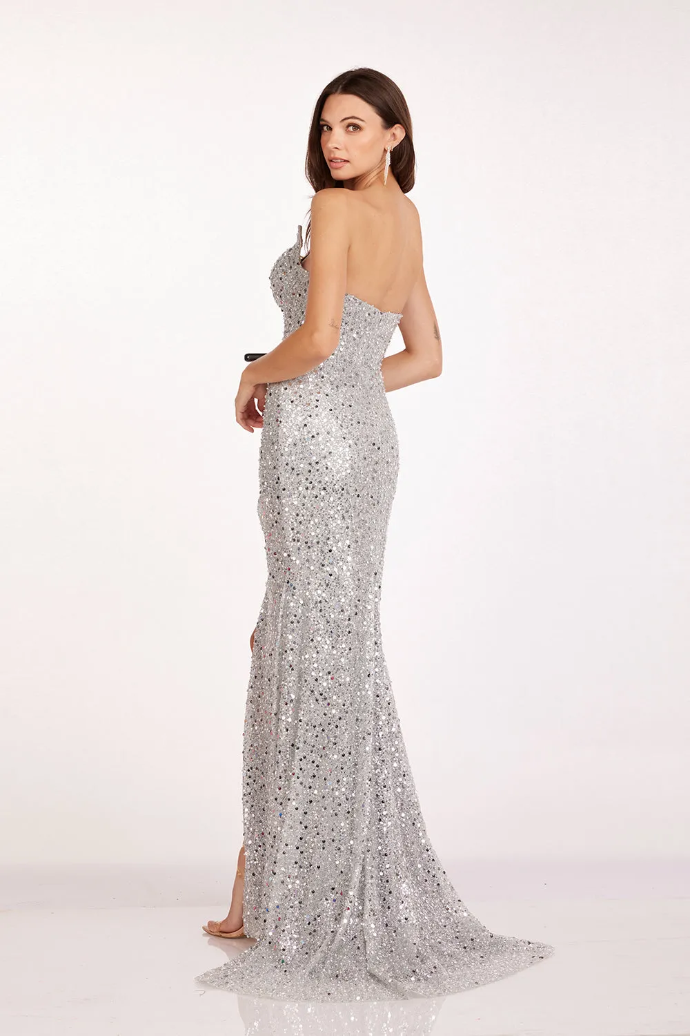 Sequin Fitted Strapless Slit Gown by Abby Paris 90250