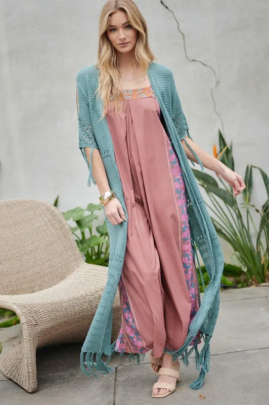 Solid Long Cardigan With Fringe