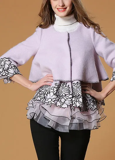 Style Purple Embroideried Tulle Patchwork Fall Woolen Coats