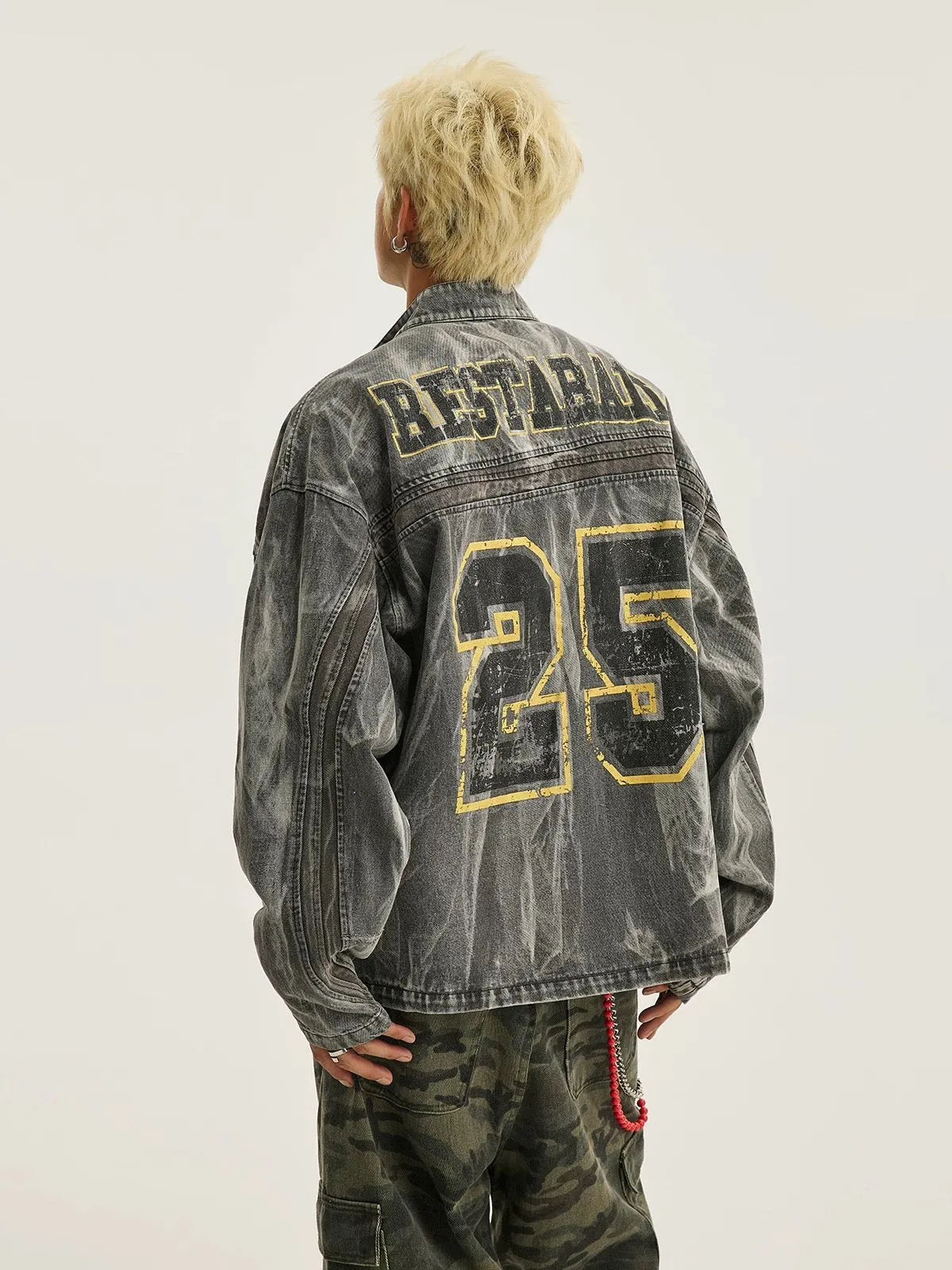 Thesupermade Hip-hop Distressed Washed Printed Denim Jacket