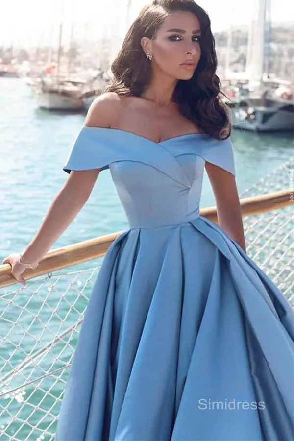 Unique Blue Ball Gown Off-the-Shoulder Satin Split Prom Dress With Train, SP583