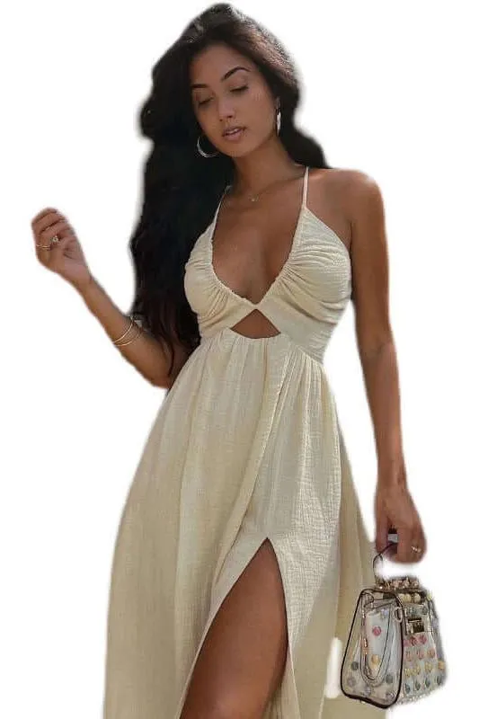 V-neck Mid Hollow Slit Midi Dress