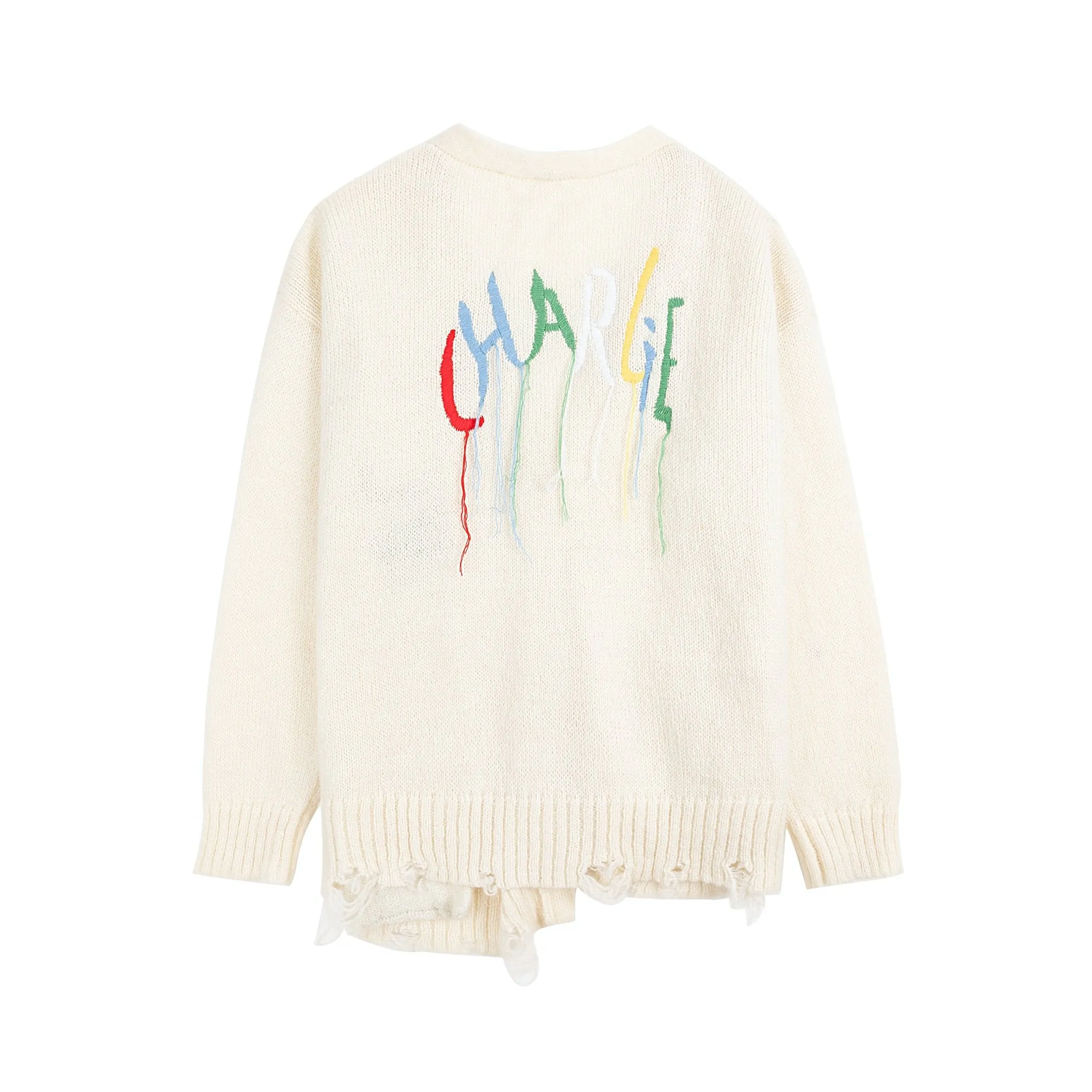 White Destroyed Fringe Logo Print Cardigan