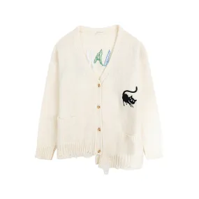 White Destroyed Fringe Logo Print Cardigan