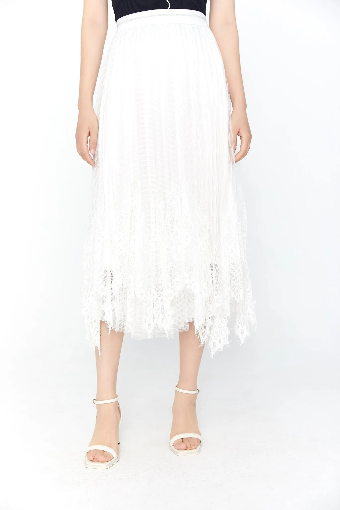 White Waistband Lace Midi Skirt