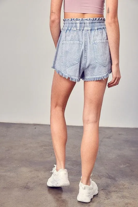 Wide Waist Band Destroyed Frayed Denim Shorts