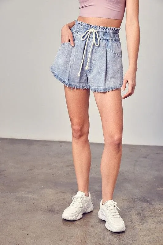 Wide Waist Band Destroyed Frayed Denim Shorts