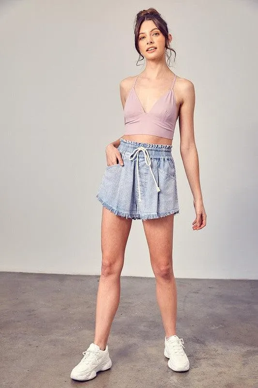 Wide Waist Band Destroyed Frayed Denim Shorts