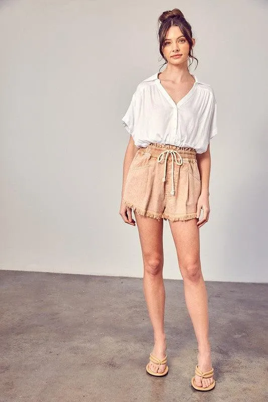 Wide Waist Band Destroyed Frayed Denim Shorts