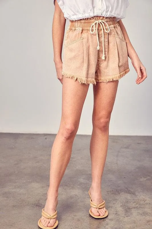 Wide Waist Band Destroyed Frayed Denim Shorts