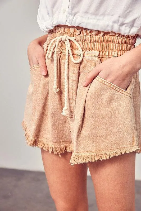 Wide Waist Band Destroyed Frayed Denim Shorts