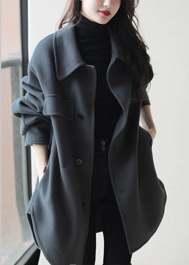 Women Haze Blue Peter Pan Collar Button Pockets Patchwork Side Open Woolen Coats Long Sleeve