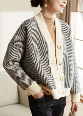 Women Striped V Neck Button Patchwork Knit Coats Fall