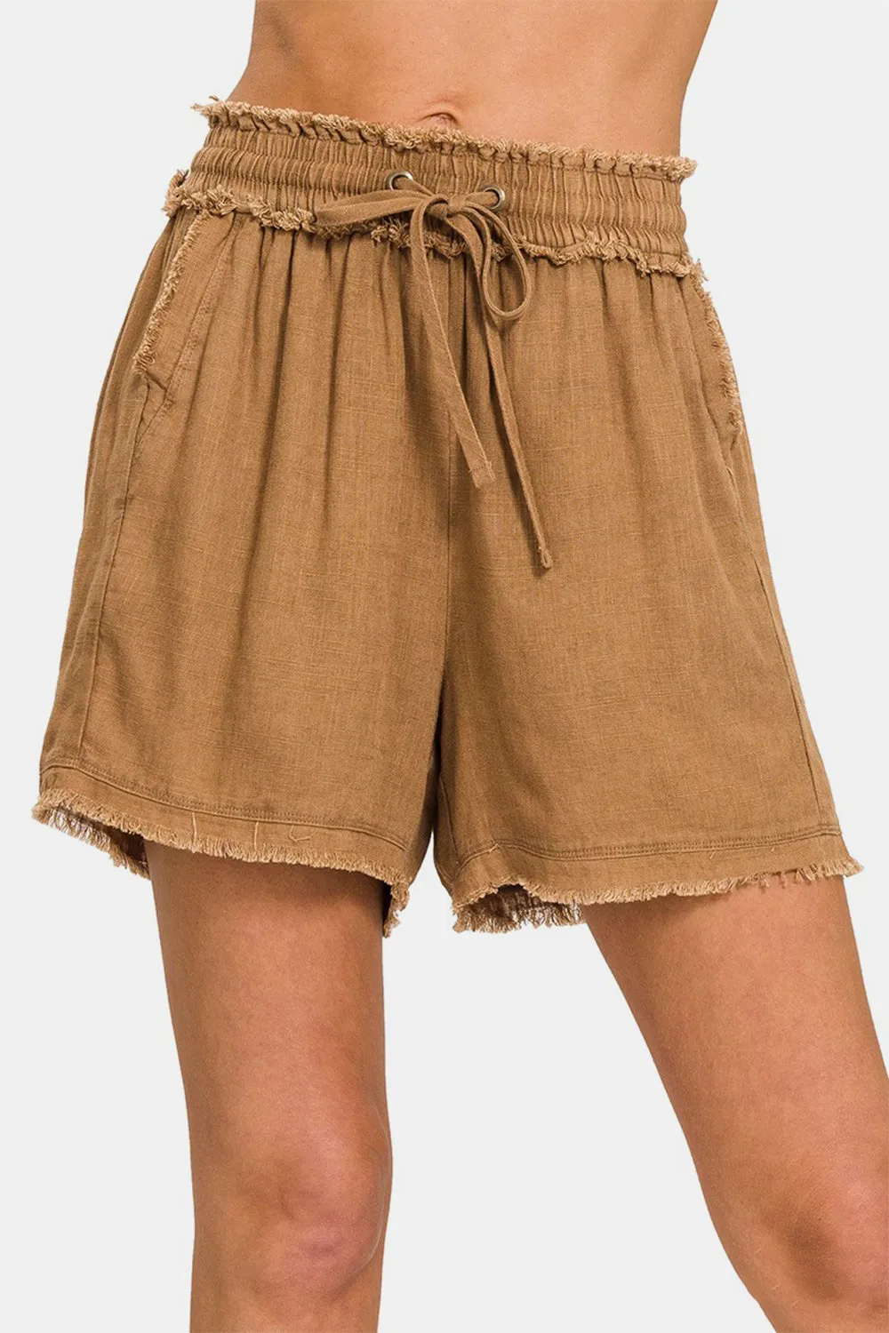 Women's Zenana Washed Linen Frayed Hem Drawstring Shorts